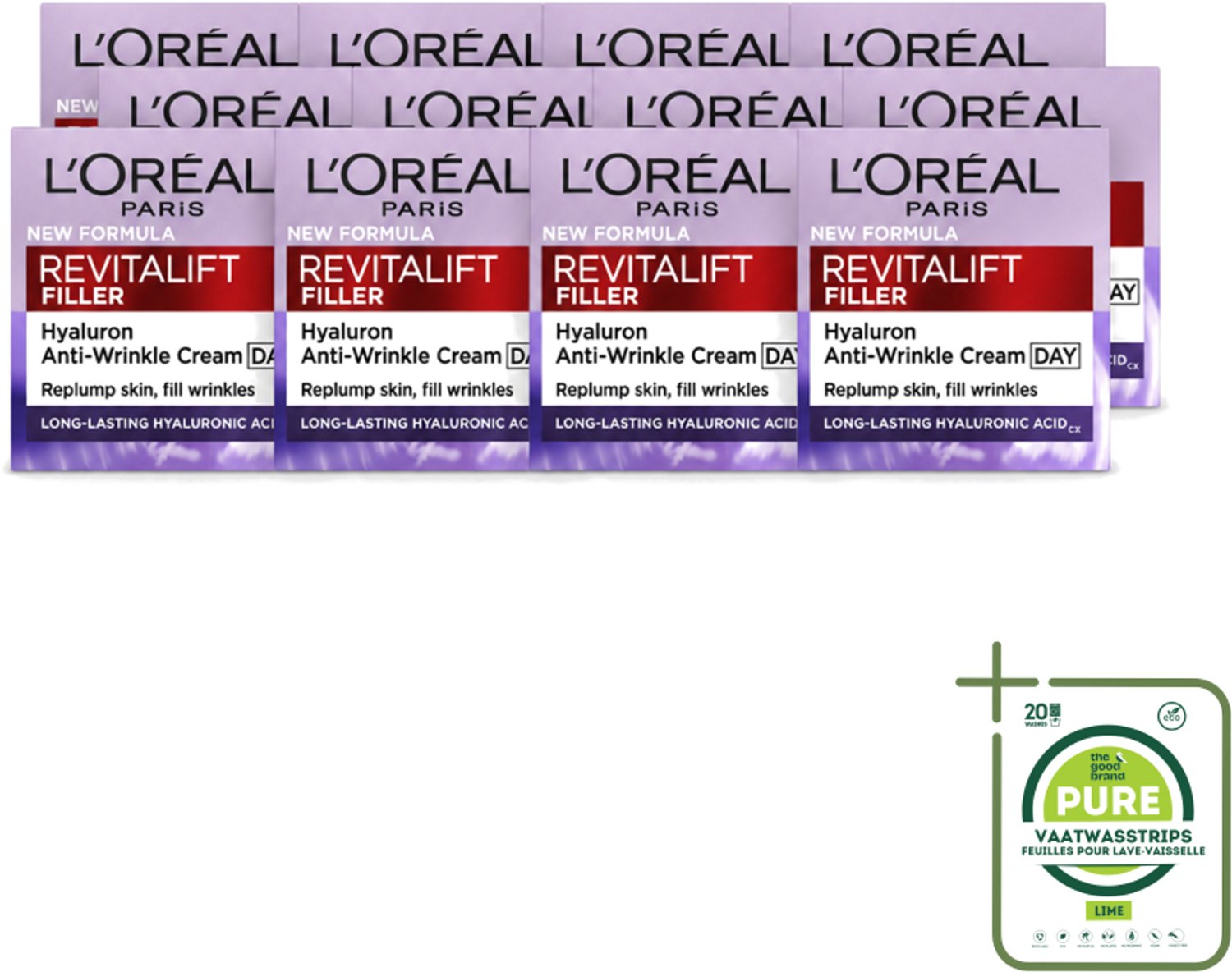12 x L'Oréal Paris Revitalift Filler - Dagcrème - Anti-Rimpel - Voor Verouderende Huid - 50 ml - Grootverpakking - Vaatwasstrips - Anti-rimpel Crème - Veroudering Bestrijding - Huid Volume - Hyaluronzuur Crème - Fibroxyl Crème