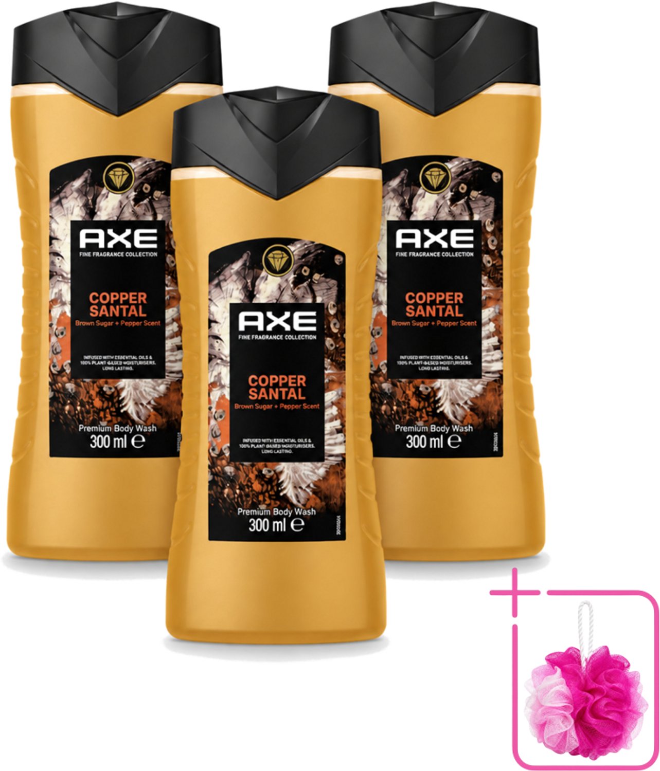 3 x Axe – Douchegel – Copper Santal – 300 ml - Bulkverpakking - Douchegel - Douchemop - Koper