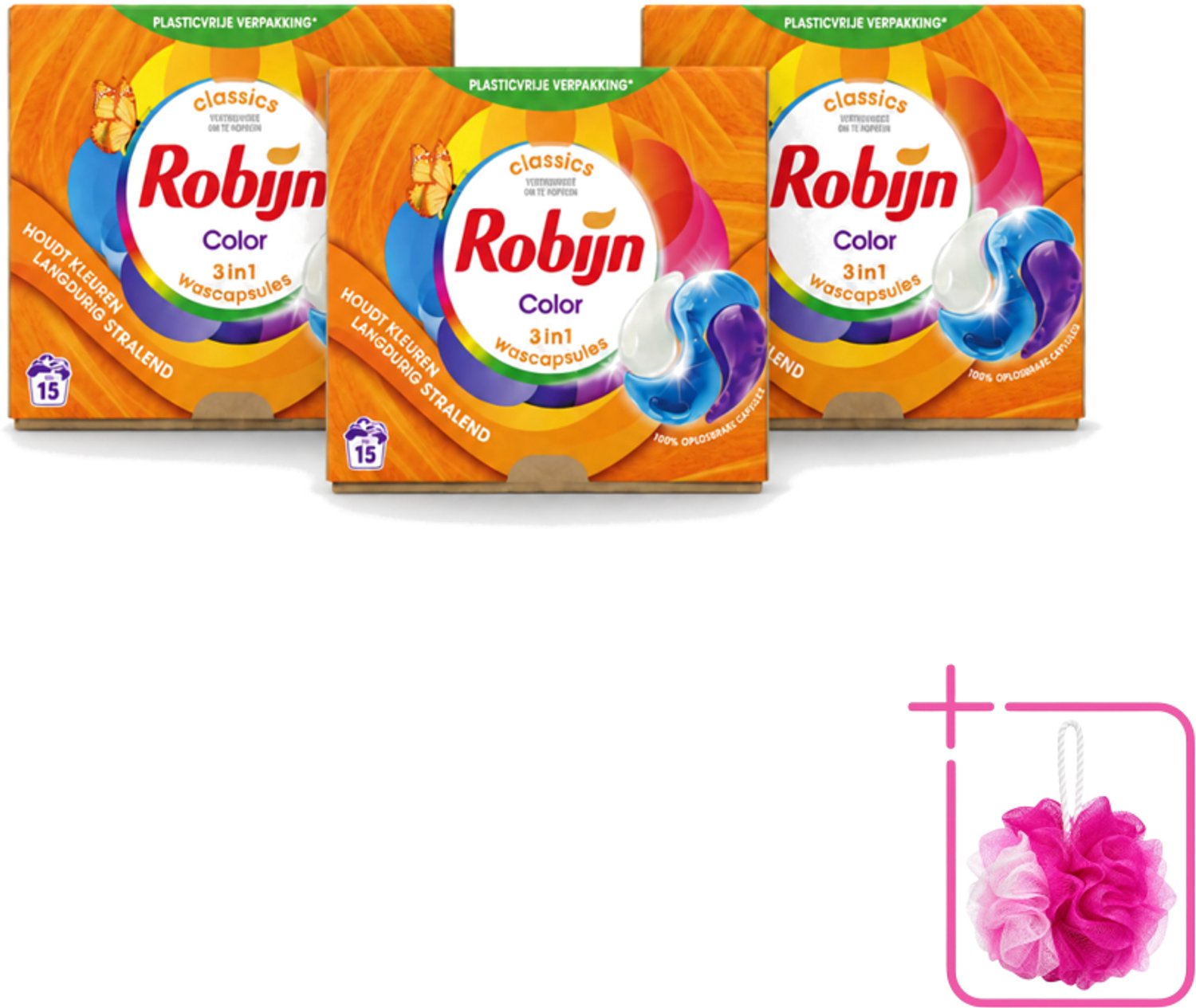 3 x Robijn – 3-in-1 Wascapsules – Color – 15 capsules - Bulkverpakking - Kleurbehoud - Douchemop - Wascapsules