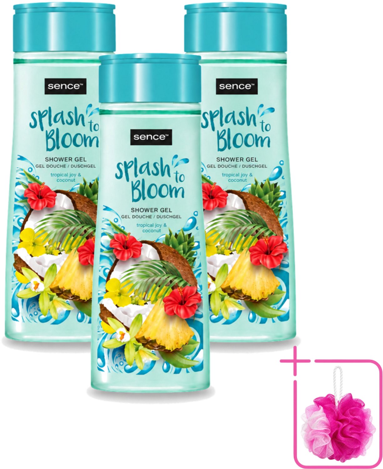 3 x Sence - Tropical Joy & Coconut - Douchegel - Exotisch - 300 ml - Bulkverpakking - Douchegel kokos - Douchemop - Tropische geur