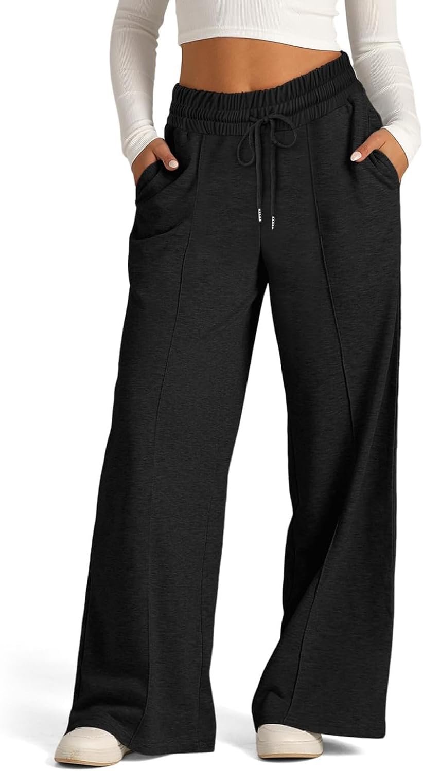 Trainingsbroek voor dames, brede sportbroek voor dames, licht, rechte joggingbroek, hoge taille, met zakken en trekkoord voor joggen, fitness, sport