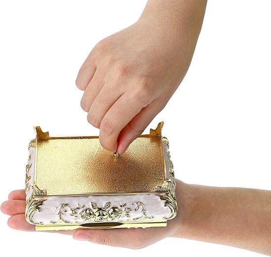 Vintage Muziek Doos - Metalen Muziek Sieraden Doos Ring Souvenir Doos Armband Oorbellen Cadeau voor Vrouwen (Wit+Goud) — afbeelding 4