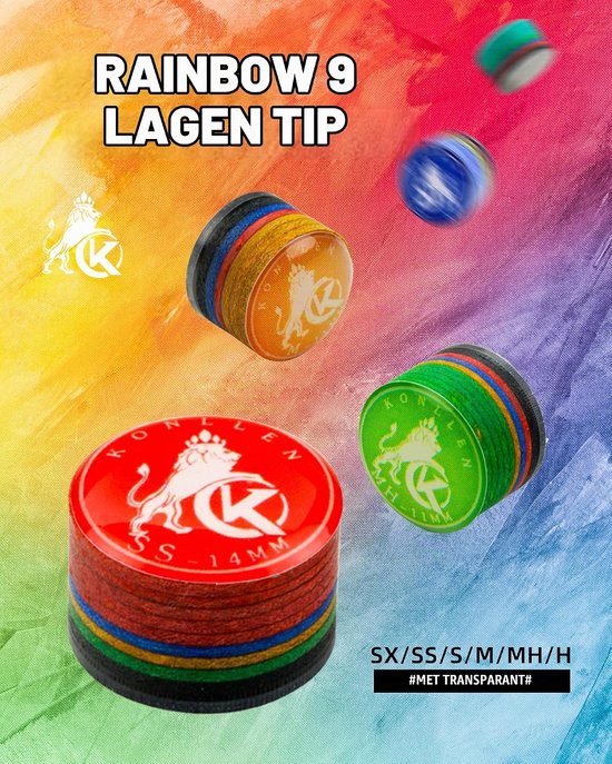 Pool cue tips 11mm/14mm - 9 lagen regenboog - harde kwaliteit - direct speelbaar - Homevero — afbeelding 5