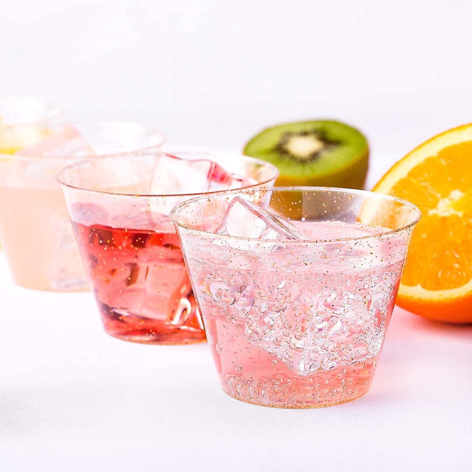 Piqiuqiu Beker tumblers, 25 stuks van 9 oz/270 ml, doorzichtige, kunststof bekers, goudkleurige, elegante partybekers met glitter, recyclebaar