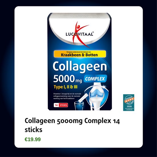 Lucovitaal Collageen 5000mg Complex 14 sticks. Verpakking met afbeelding van een kniegewricht.