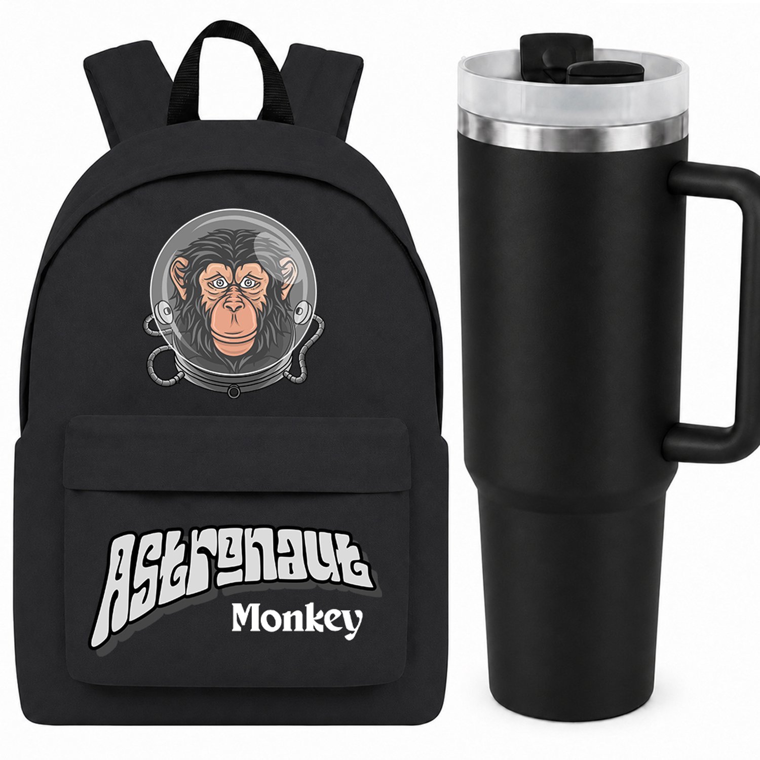 Zwart Rugzak & Thermobeker Set - 1.2L - Astronaut Monkey