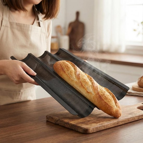 3 stuks baguette-bakvorm, 3 stuks, baguetteplaat, 3 putten, anti-aanbak, baguettevorm voor oven, broodbakvorm voor 3 baguettes, 38,5 x 28,5 cm — afbeelding 2