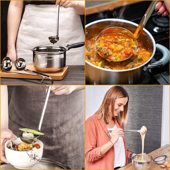 4 stuks soeplepel roestvrij staal, 1/2/3/4 oz sauslepel metalen juslepel professionele serveerlepel kleine inmaaklepel keukengerei lepel met haak en lange handgreep om te koken, zilver — afbeelding 4