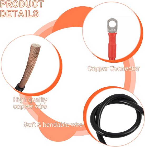 2 stuks accu-omvormerkabels met kabelschoenen van vertind koper, 16 mm², startkabel voor auto, startkabel, motorfiets, geïsoleerd van pvc voor vrachtwagens, auto's, motorfietsen, boten — afbeelding 4