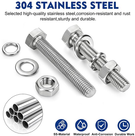 10 stuks zeskantschroeven M12 x 40 mm DIN 933 van roestvrij staal A2 V2A met platte en elastische sluitringen voor meubels, auto's, machines en doe-het-zelvers — afbeelding 4