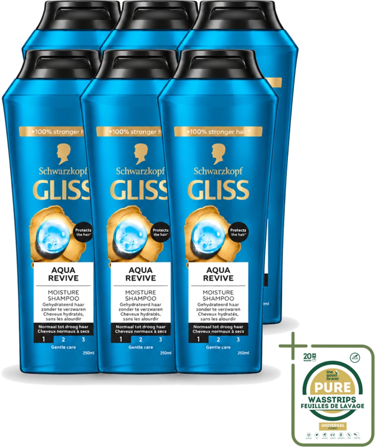 6 x Gliss - Shampoo - Aqua Revive - Voor Hydraterend en Fris Haar - 250 ml - Wasstrips - Hydraterend Haar - Droog Haar - Fris Haar - Schuimende Shampoo - Haar Verzorging
