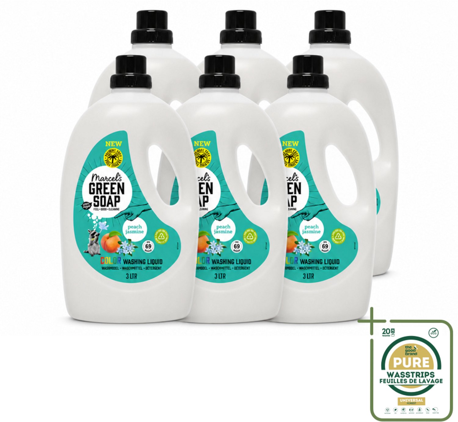 6 x Marcel's Green Soap - Vloeibaar Wasmiddel - Kleurwas - Perzik & Jasmijn - Natuurlijk & effectief - 69 wasbeurten - 3 liter - Wasstrips - Vloeibaar Wasmiddel - Geel Wasmiddel - Geur Wasmiddel - Gezond Wasmiddel - Duurzaam Wasmiddel