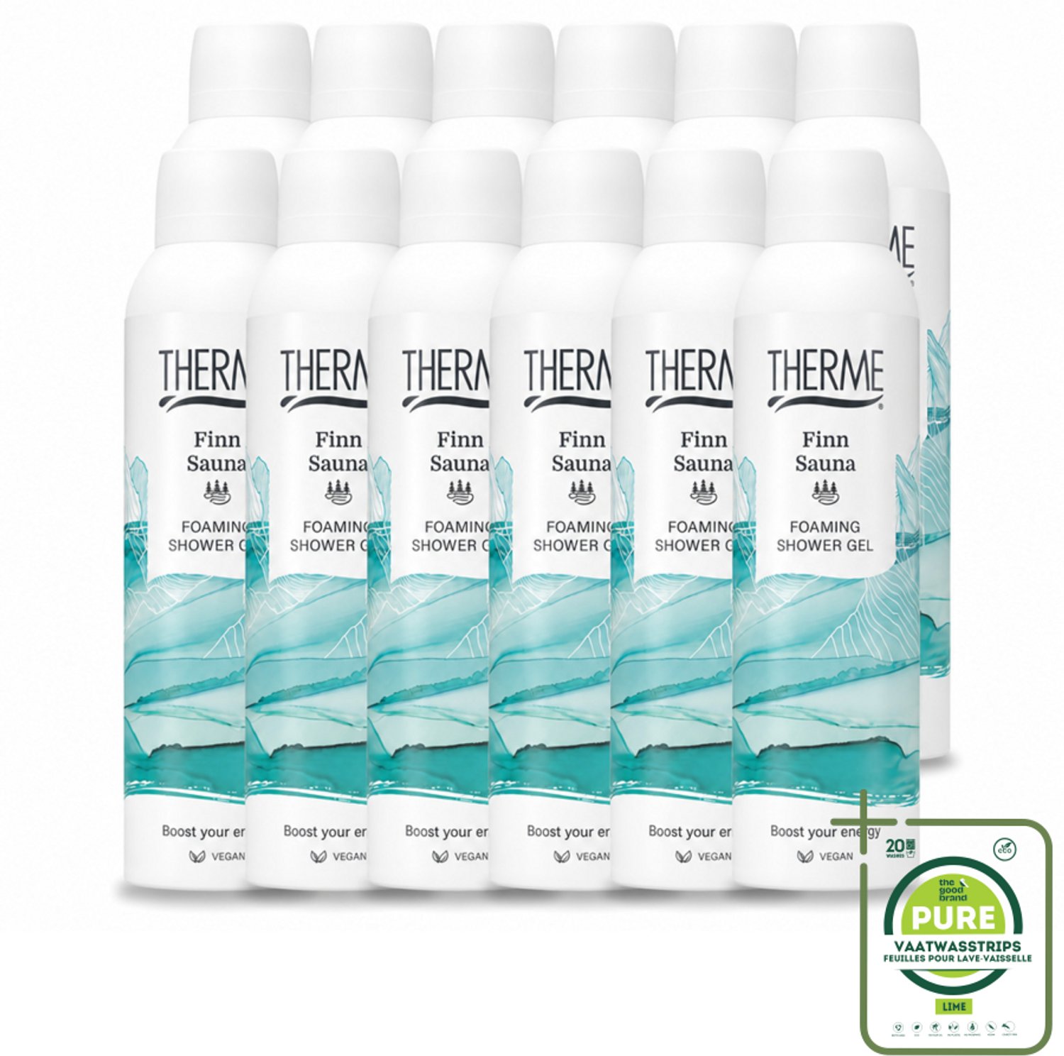 12 x Therme - Finn Sauna - Schuimende Douchegel - Verfrissend - Verzorgend - 200ml - Grootverpakking - Vaatwasstrips - Sauna - Douchegel - Schuimende Douchegel - Wellness - Eucalyptus