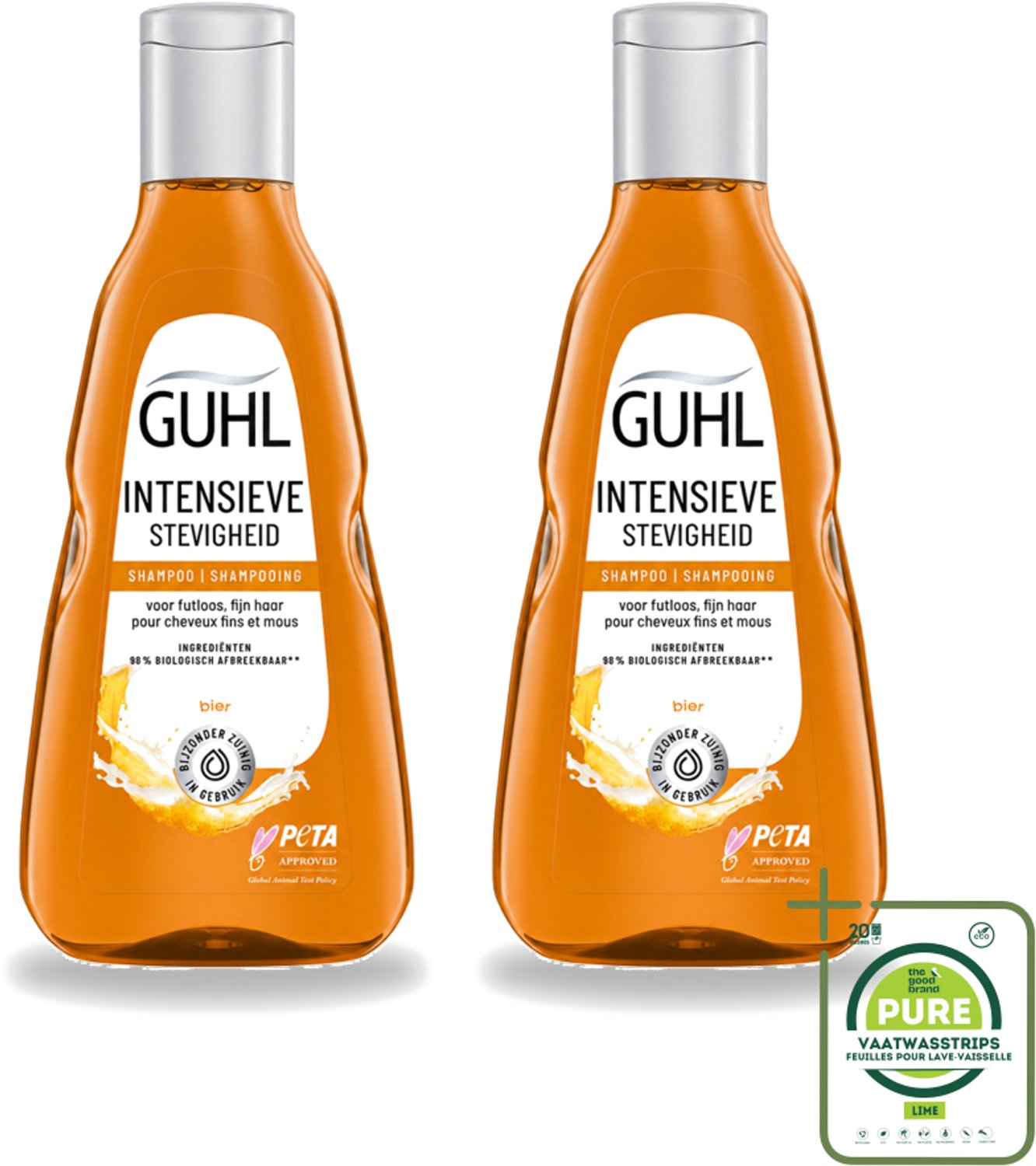 2 x Guhl - Shampoo - Intensieve Stevigheid - 250 ml - Grootverpakking - Vaatwasstrips - Haarversterking - Volume - Stevigheid - Bierextract - Krachtig Haar