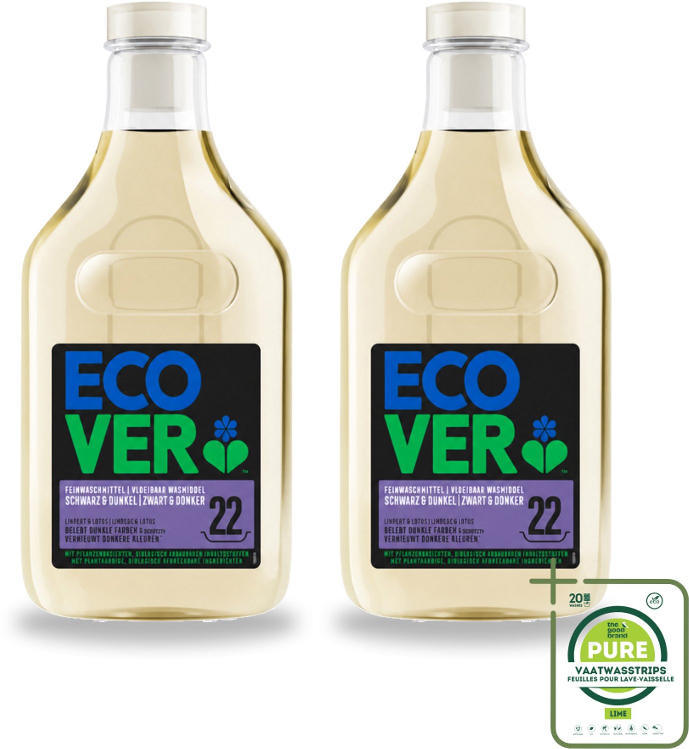2 x Ecover - Vloeibaar wasmiddel - Zwart & Donker - 1 liter - 22 wasbeurten - Grootverpakking - Vaatwasstrips - Donker Wasmiddel - Kleurbehoud - Kleuroverdracht Voorkomen - Ecologisch Wasmiddel - Plantaardig Wasmiddel