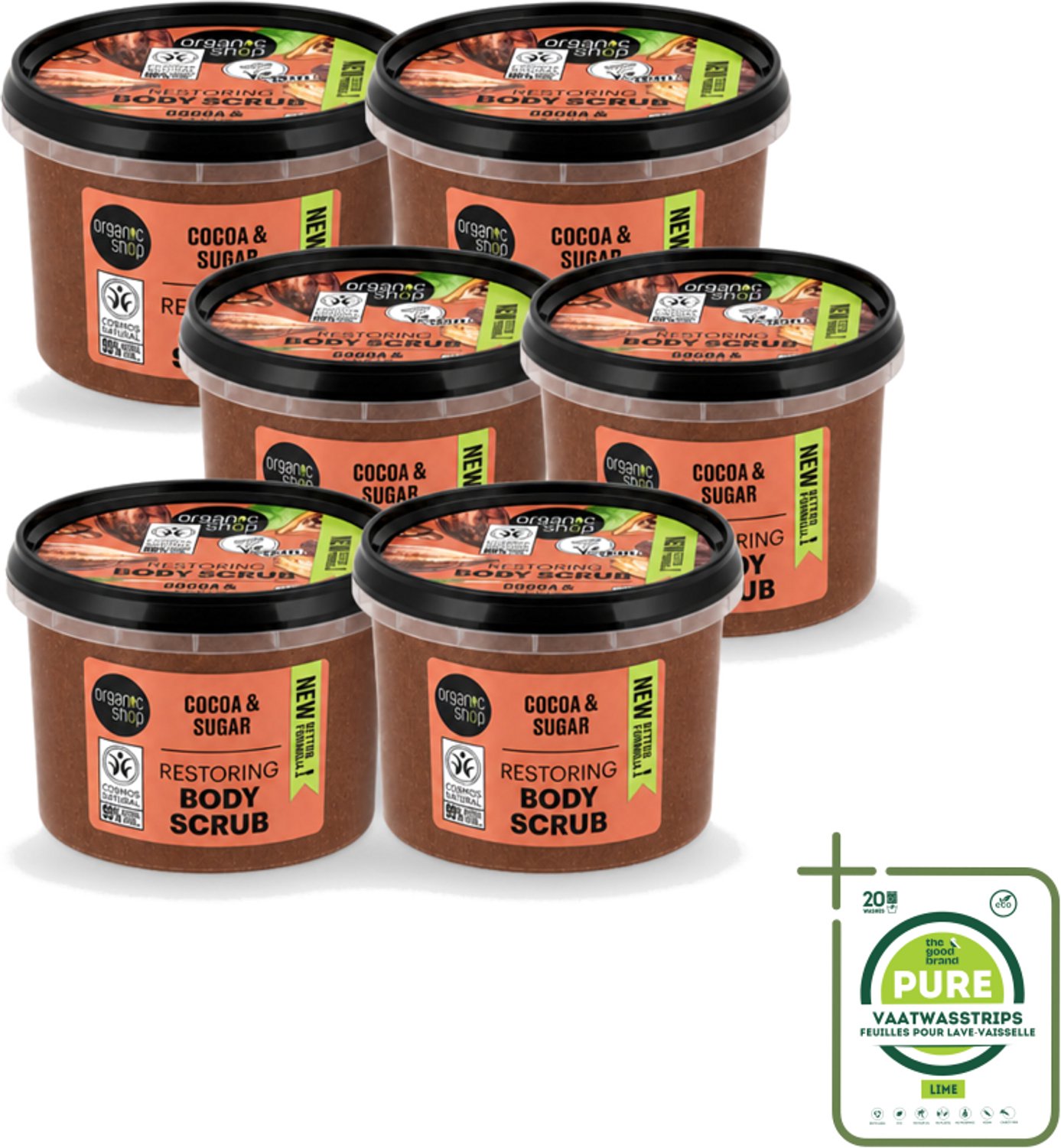 6 x Organic Shop - Body Scrub Cocoa - Rijke Hydratatie - 250 ml - Grootverpakking - Vaatwasstrips - Bodyscrub - Exfoliatie - Huidverzorging - Cacaoboter - Suiker