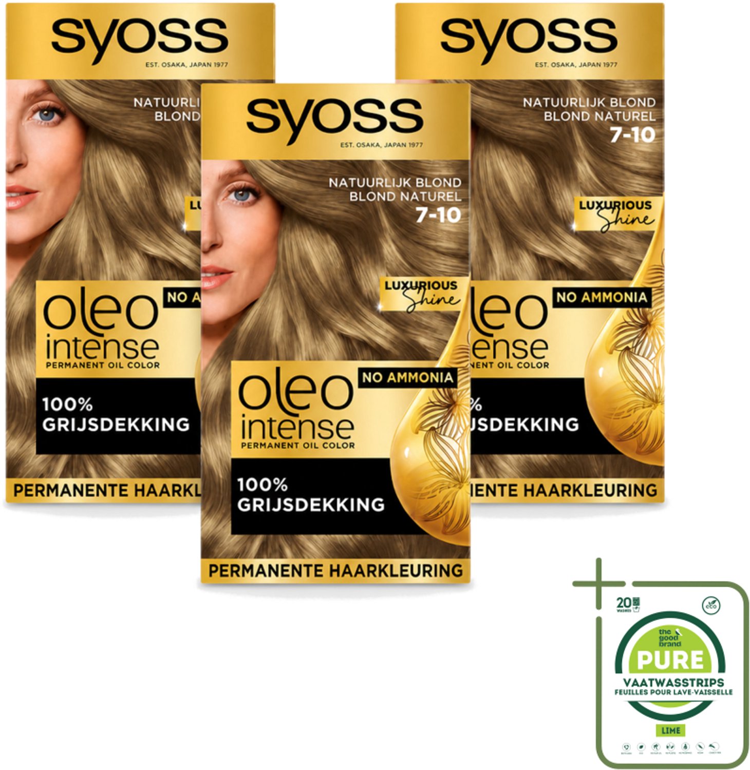 3 x SYOSS - Oleo Intense 7-10 - Haarverf - Permanente Haarkleuring - Natuurlijk blond - Langdurige Kleur - Grootverpakking - Vaatwasstrips - Natuurlijk Blond - Permanente Haarkleuring - Zonder Ammoniak - Grijsdekking - Haarkleur