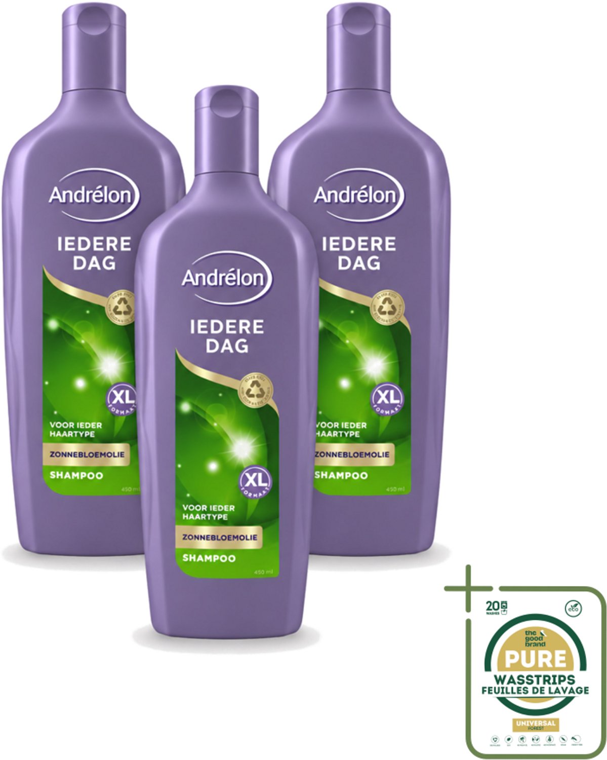 3 x Andrélon - Iedere Dag - Shampoo - 450 ml - Wasstrips - Shampoo Dagelijks - Haar Verzorging - Fris Haar - Gezond Haar - Zonnebloemextract