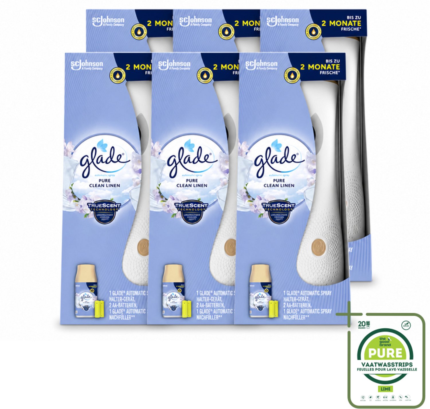 6 x Glade - Startset Automatische Spray - Pure Clean Linen - 269 ml - Grootverpakking - Vaatwasstrips - Geur Versgewassen Linnengoed - Geur Pure Clean Linen - Geurverspreiding - Automatische Geurafgifte - Geur In Huis