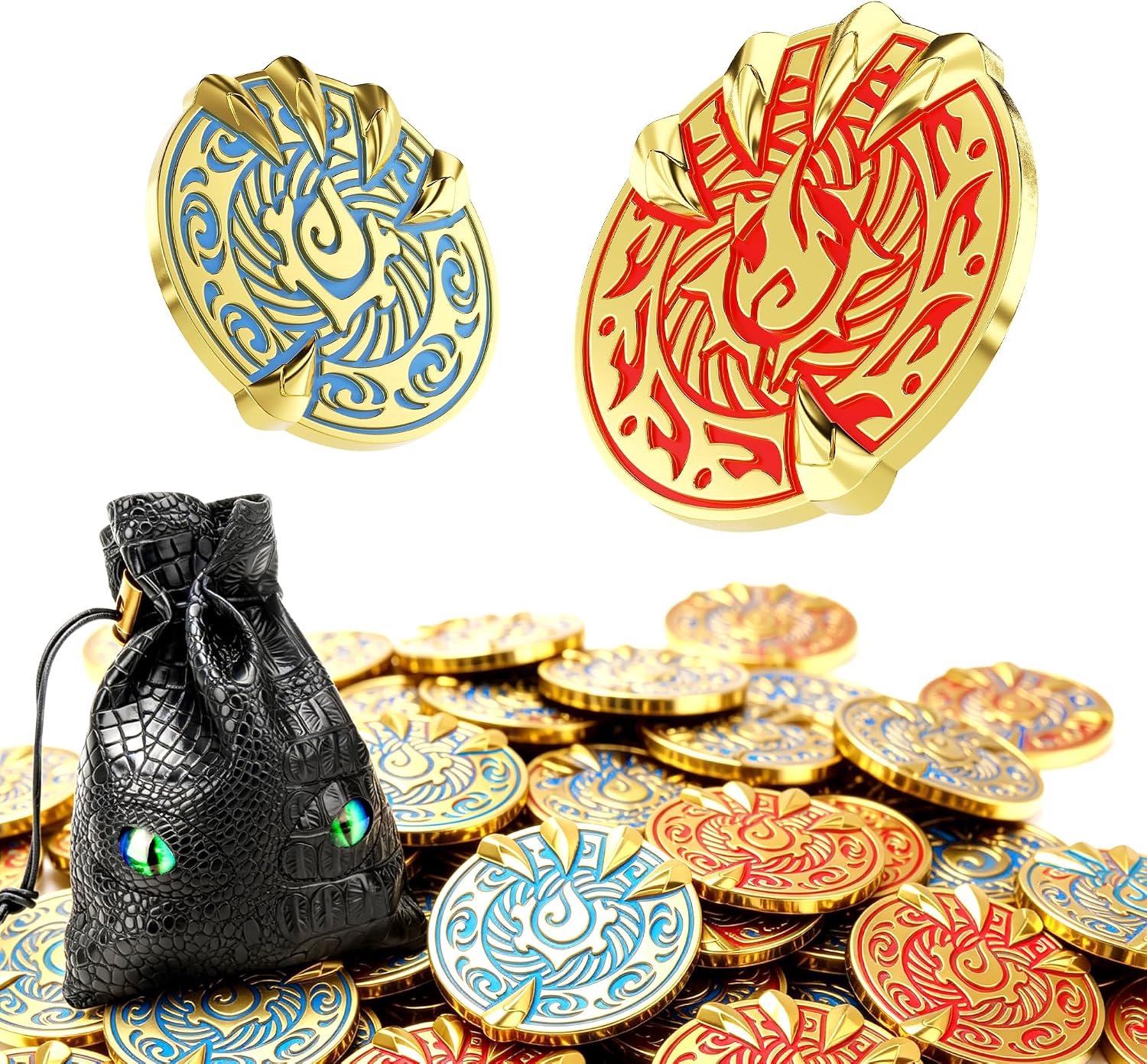 Byhoo Gouden munten, 50 stuks, Savage Dragon Claw DND metalen munten met mystiek groen oogzakje, 3D-reliëf water & vuurelement emaille schat, zware metalen drakenklauw beslissingsmerken voor