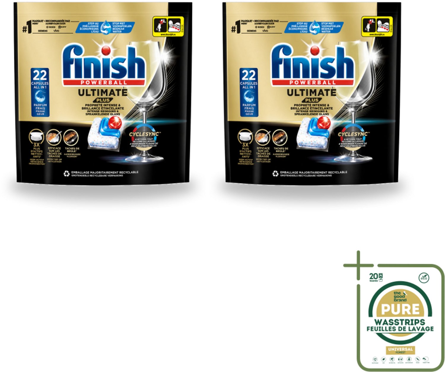2 x Finish - Vaatwasmiddel - Ultimate Plus Vaatwastabletten Regular - Krachtige Alles-in-1 Reiniging - 22 capsules - Wasstrips - Vaatwasmiddel - Vaatwastablet - Reinigingsmiddel - Glans - Vaatwas
