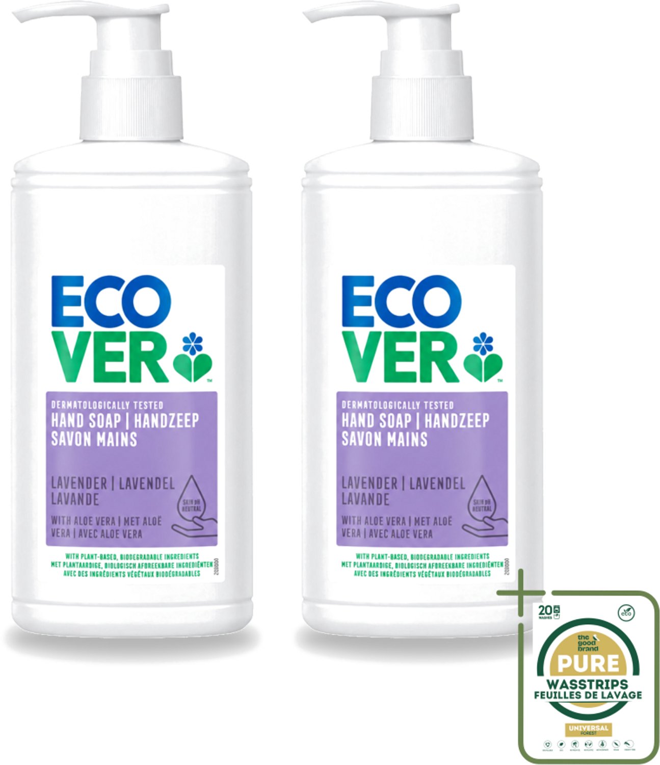 2 x Ecover - Handzeep - Lavendel & Aloë Vera - 250 ml - Wasstrips - Handzeep Lavendel Aloë Vera - Handzeep 250 Ml - Handzeep Voor Gevoelige Huid - Natuurlijke Handzeep - Handzeep Dermatologisch Getest