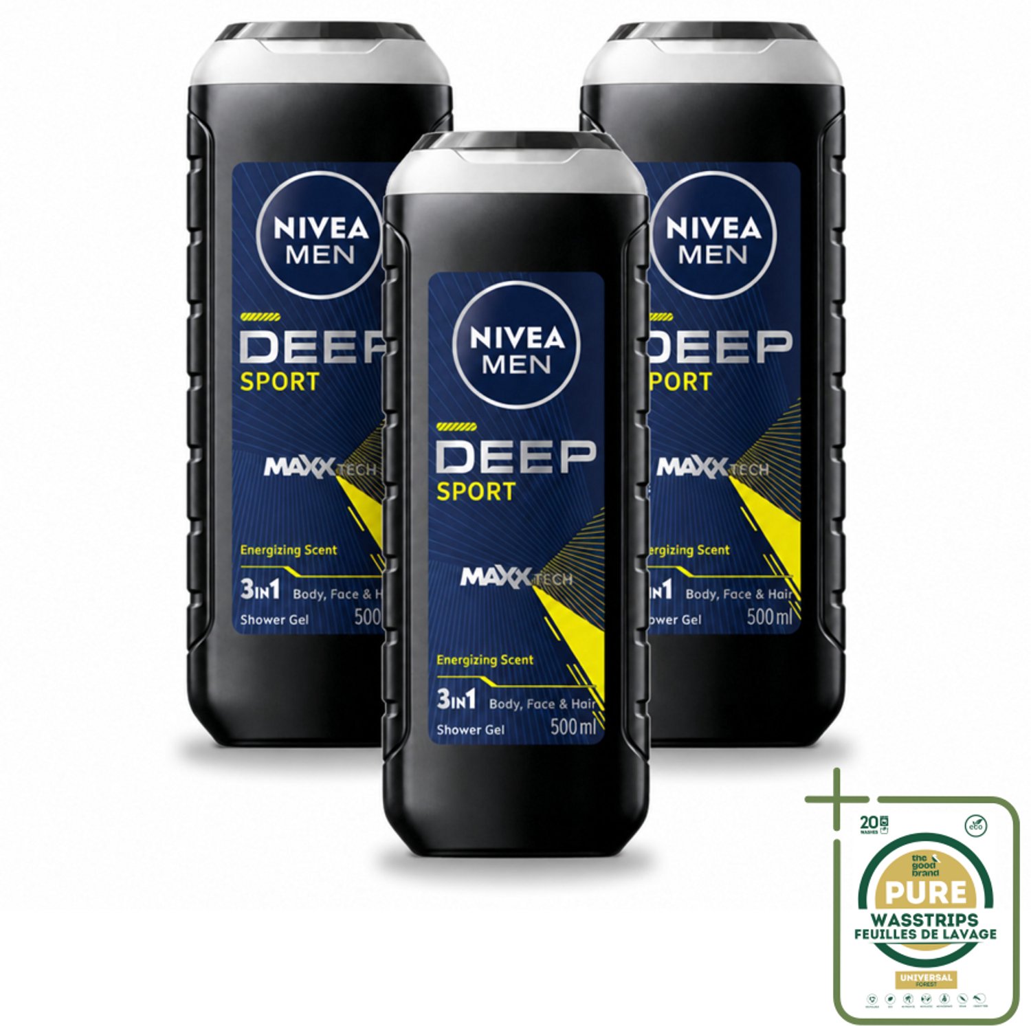 3 x NIVEA MEN - Douchegel - Deep Sport - 500 ml - Wasstrips - Douchegel Voor Mannen - Sportdouchegel - Frisse Douchegel - Mannelijke Douchegel - Diepe Reiniging