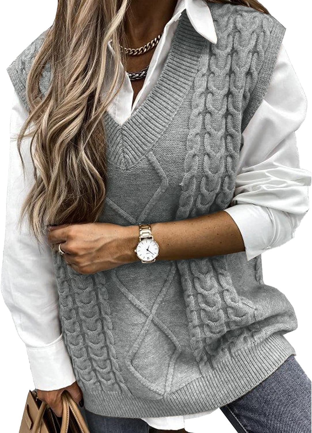 Voqeen Damestrui zonder mouwen, gebreide V-hals, stijlvolle losse gebreide tanktops voor moderne dames en meisjes