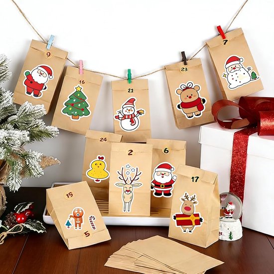 50 stuks papieren zakjes, klein met stickers, 9 x 18 x 5,5 cm, cadeauzakjes, bruin, kraftpapieren zakjes, doe-het-zelf adventskalender om te vullen, snoepzakjes, cadeautjes voor Kerstmis, bruiloft — afbeelding 3