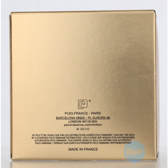 Zijkant van de gouden doos van Lady Million parfum, met productiedetails en 'Made in France'.