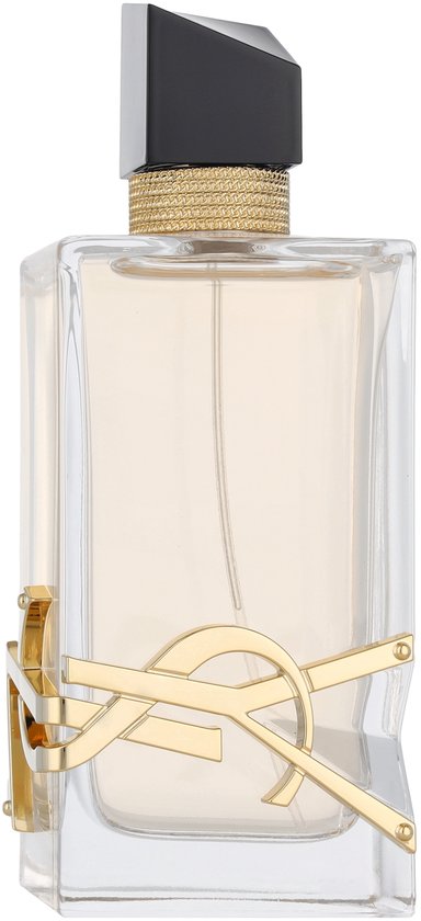 Rechthoekige glazen flacon met goudkleurig YSL logo en zwarte dop.