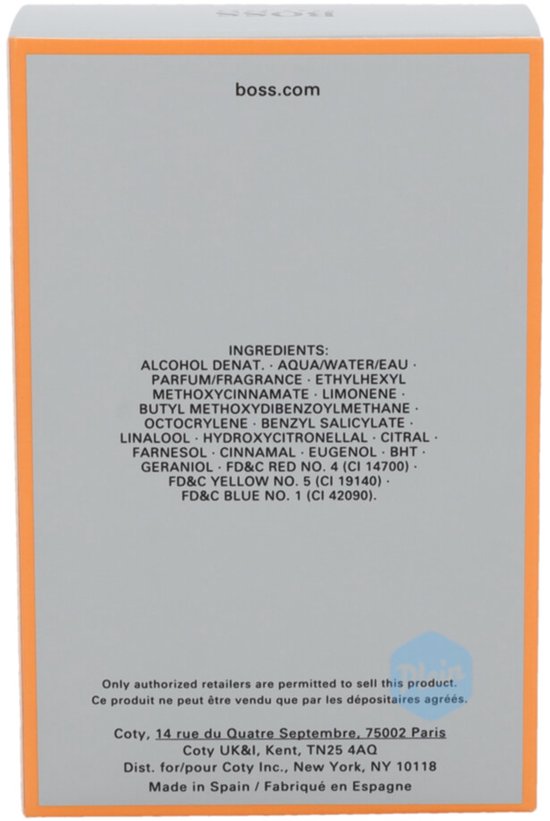 Achterkant van het oranje kartonnen doosje van Hugo Boss In Motion Eau de Toilette 100 ml met ingrediënten en adres.