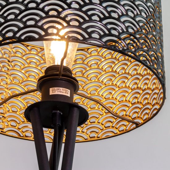 Vintage led-vloerlamp, driepoot, met dimbare schakelaar, retro staande lamp met E27 lampfitting, metalen ruitpatroon, kap — afbeelding 4
