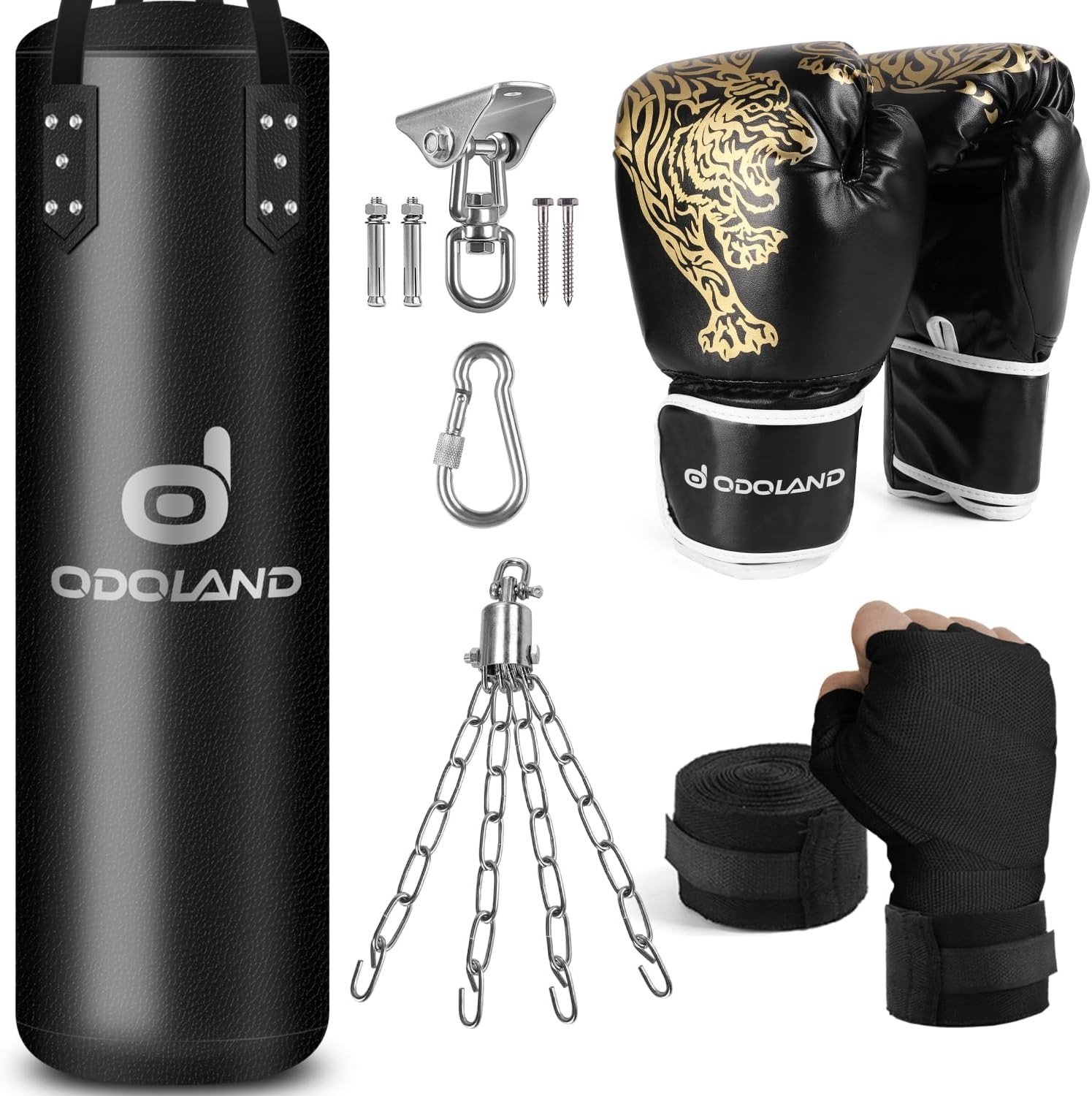 6-in-1 Bokset voor Mannen en Vrouwen, Ongevulde 4 Voet Bokszak met 12 Ounce Bokshandschoenen en Stootbandages, Inclusief Hangkettingen voor Bokszak en Thuistraining