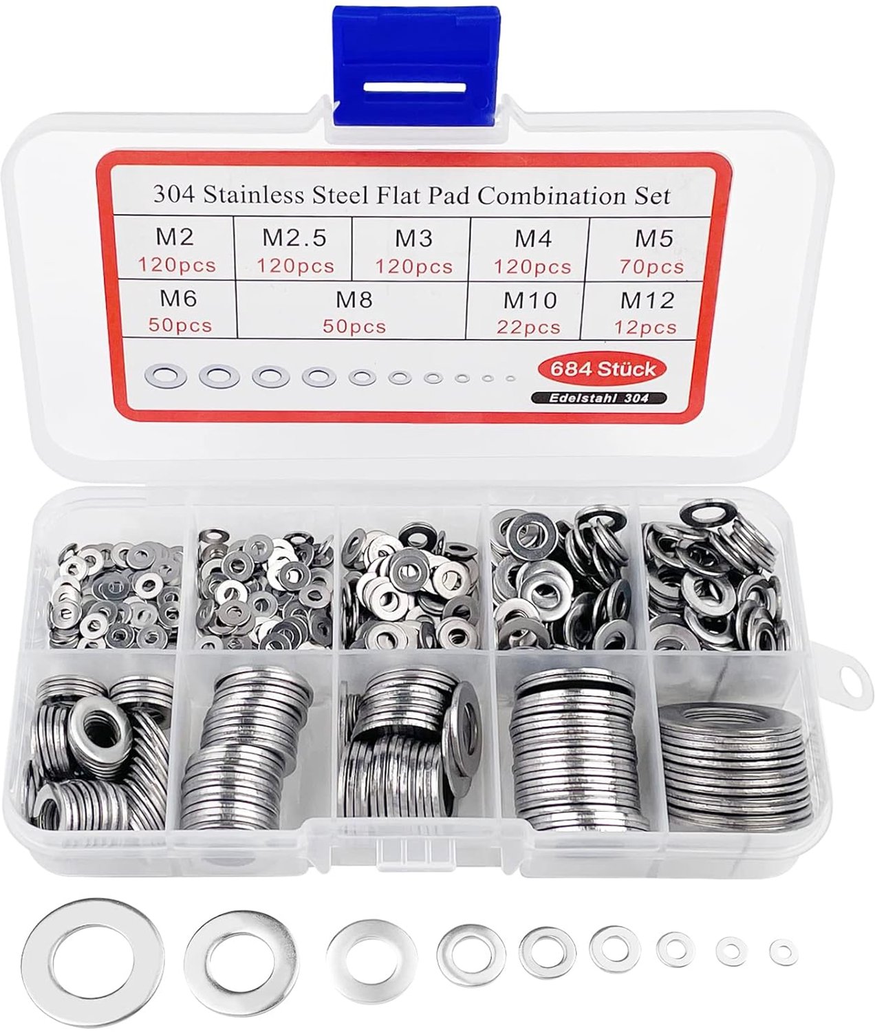 Famanu – Platte sluitringen assortiment 684 stuks roestvrij staal M2 tot M8 borgringen en carrosserieschijven