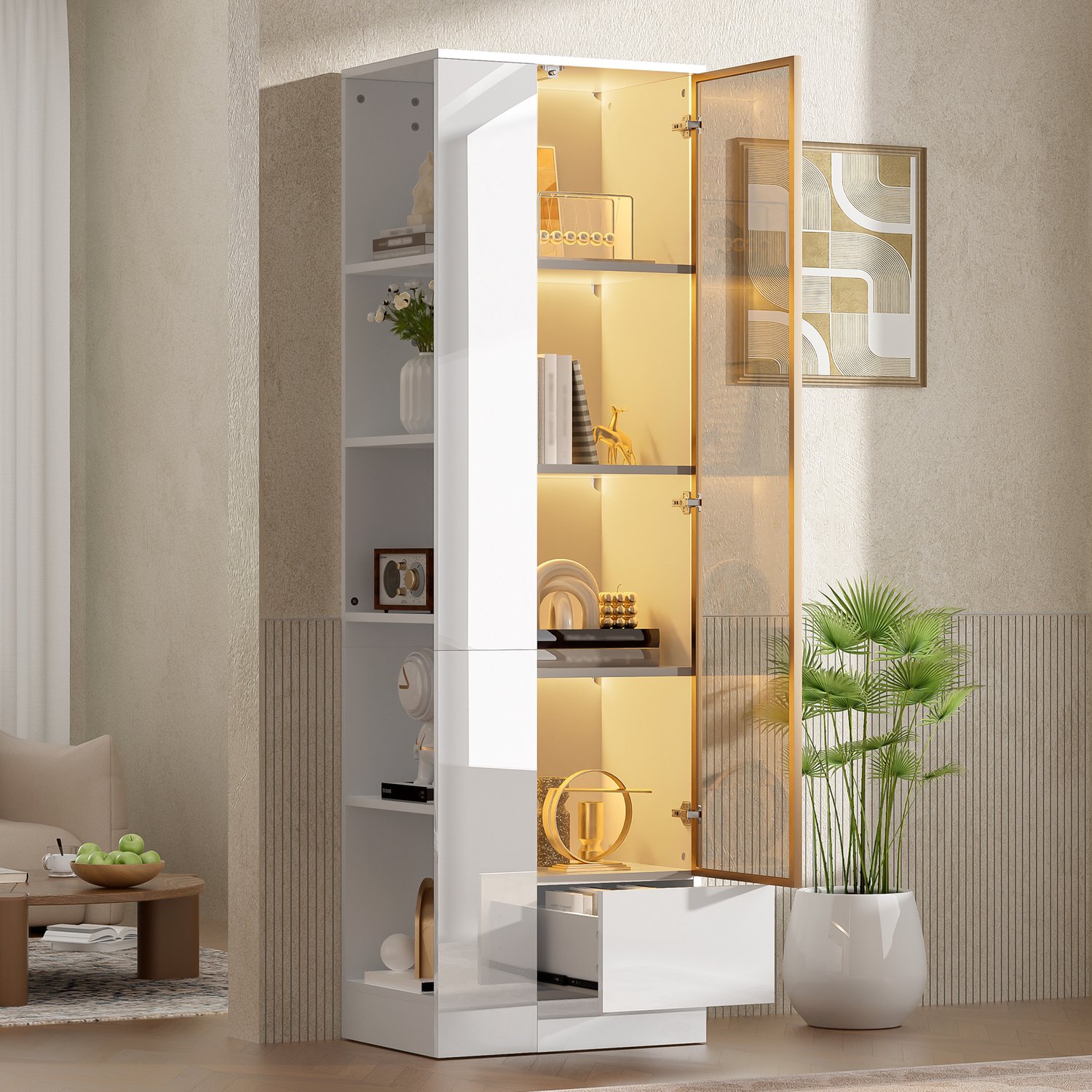 HAUSS SPOLE Vitrinekast Met Ledverlichting - Hoogglans Met Glazen Deur, Lade En Open Vakken - Voor Woonkamer En Eetkamer - Wit - 50x35x160 Cm