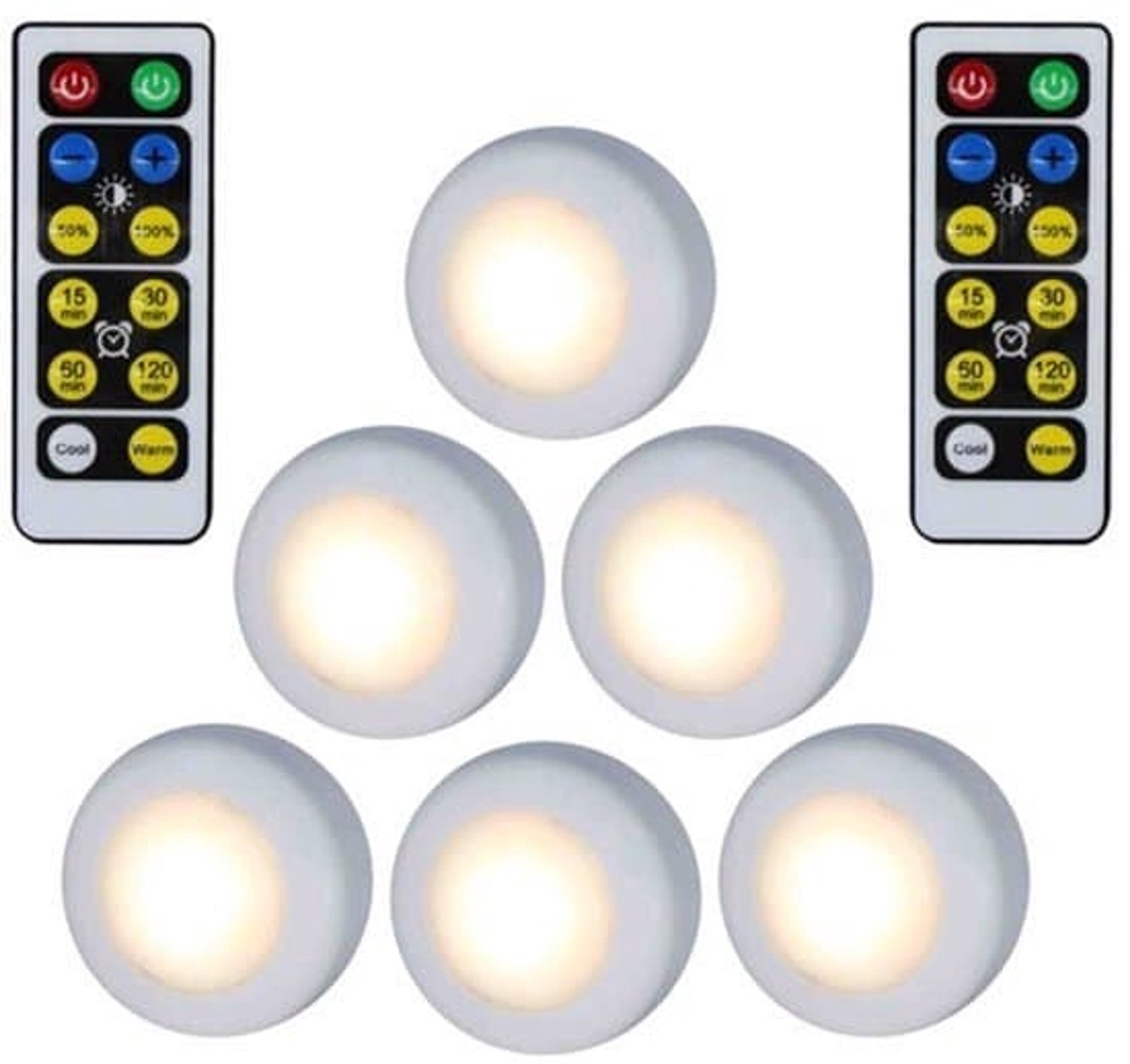 Set van 6 LED-spotjes - Warm wit licht - Zelfklevend - Werkt op batterijen