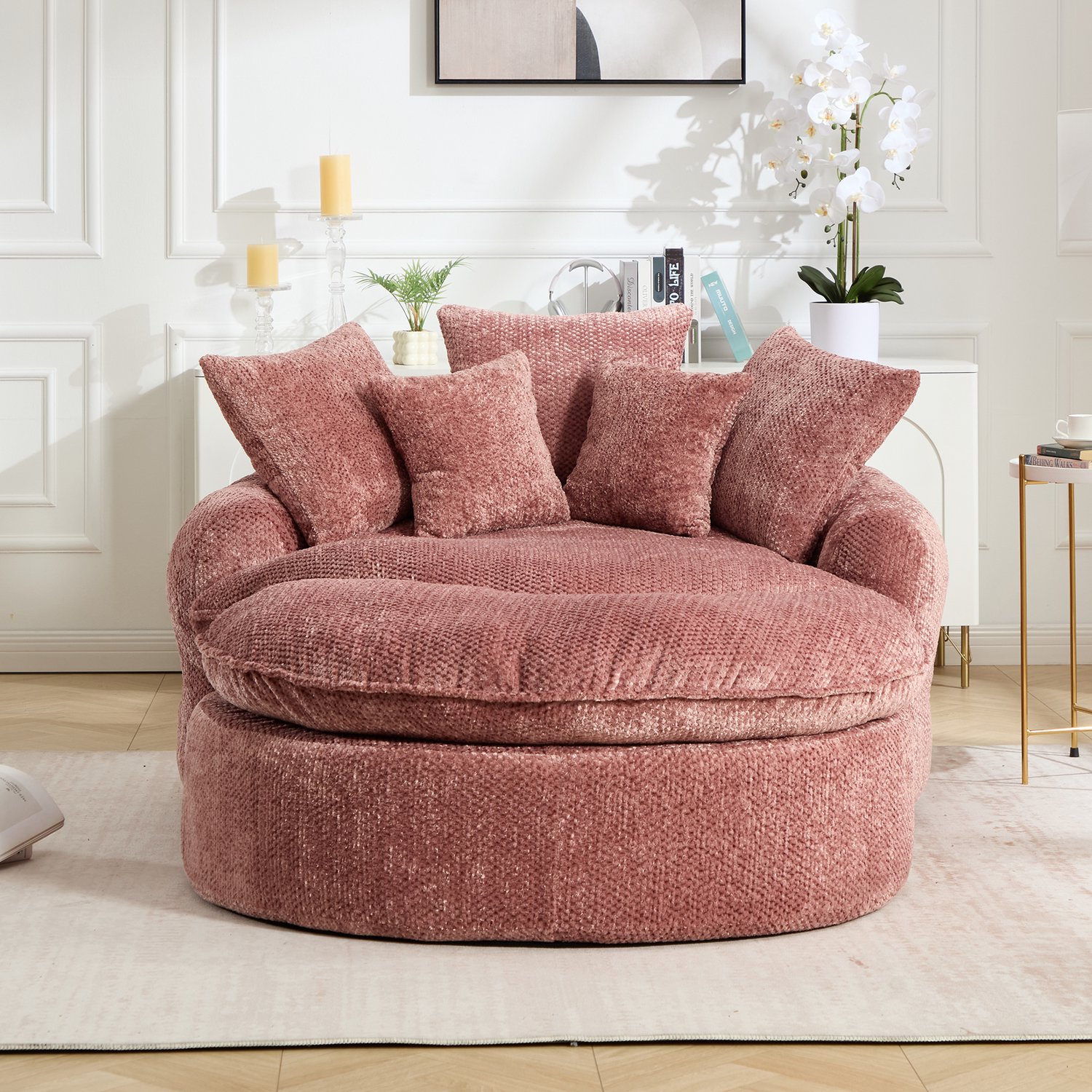 REDOM Fauteuil - Extra groot rond ontwerp - Handmatig verstelbaar - Dubbele armleuningen met kussens - Moderne stijl - Polyester - Roze - 190,5 x 138 x 63 cm