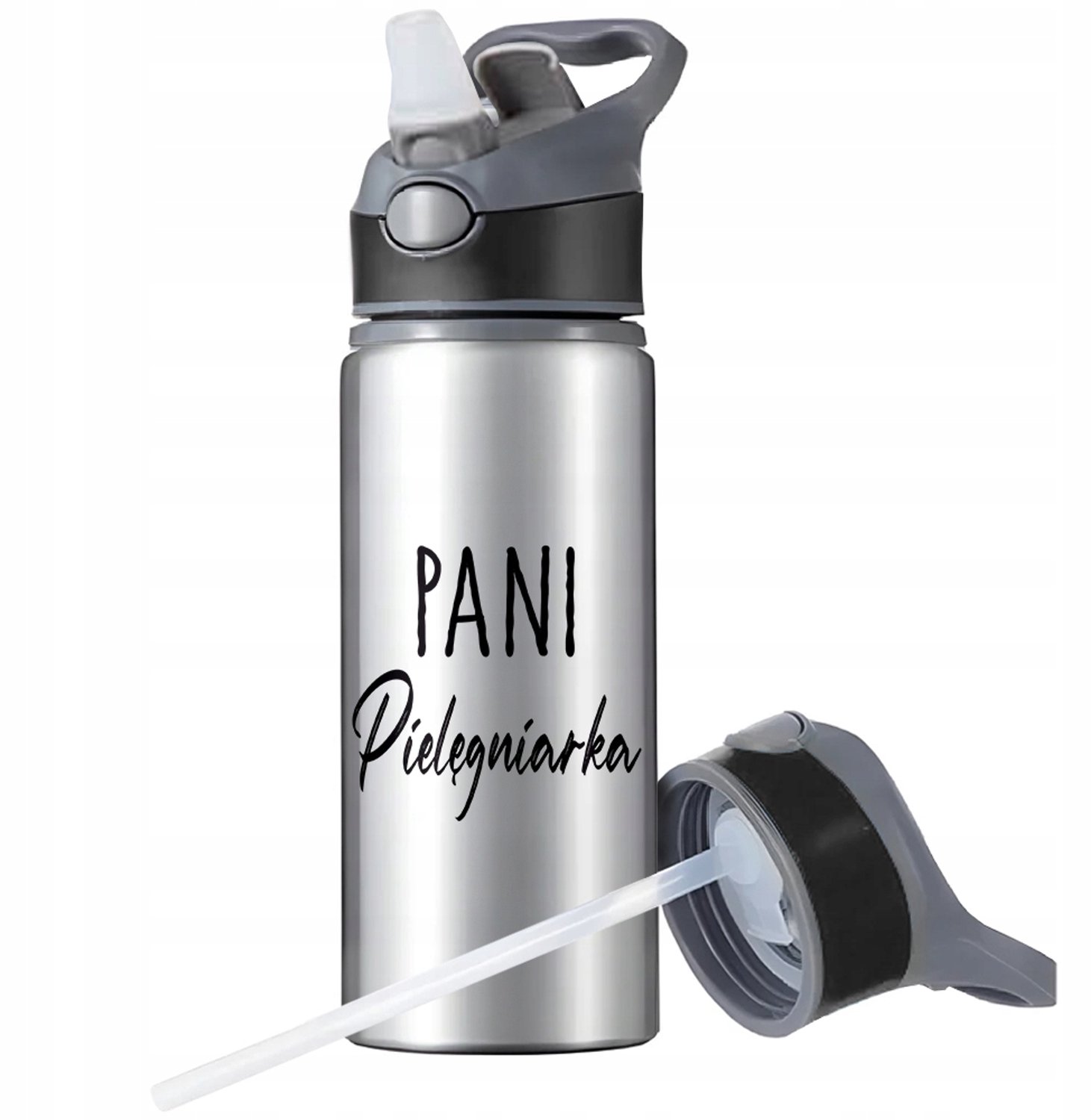 Aluminium Sport Bidon 650ml met Rietje en Handvat - Zilver