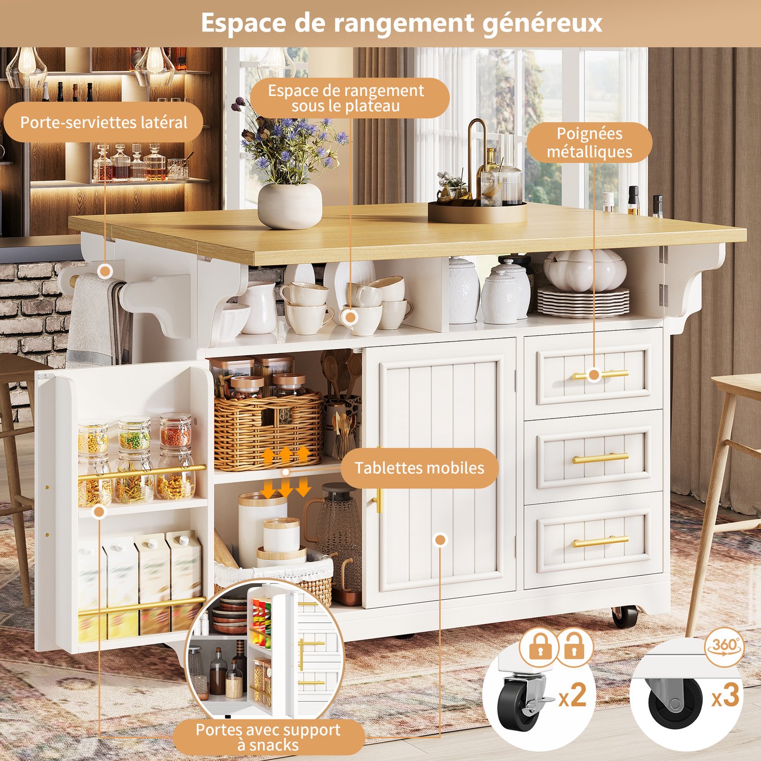 FloraGrace Keukenkast - Verrijdbaar Met Uitklapbaar Werkblad - 3 Lades En Deuren - Voor Keuken En Eetkamer - MDF - 120x40x95 Cm - Wit