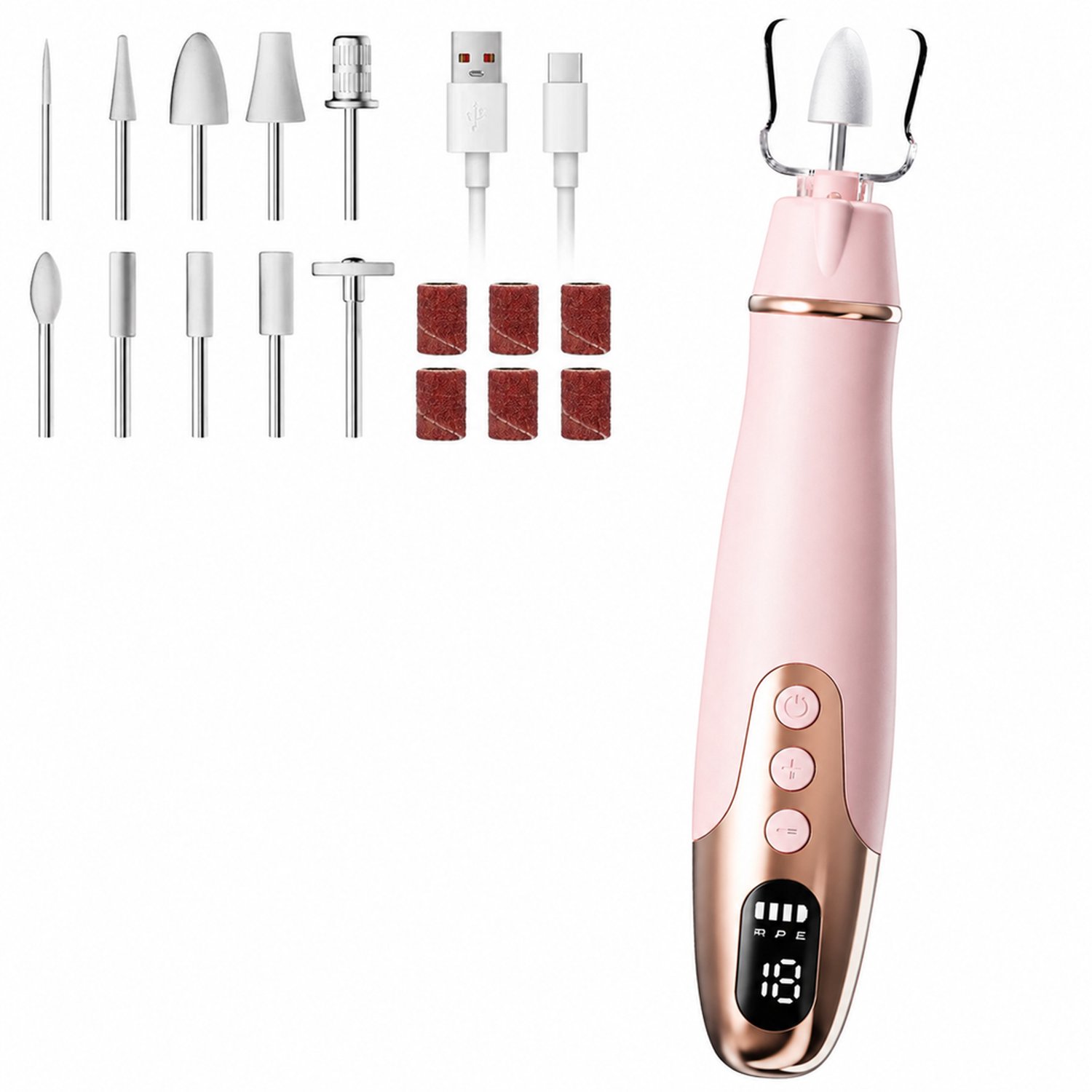 Elektrische nageltrimmer - 18000 RPM - roze nagelfrees voor vijlen en polijsten - inclusief 10 slijpkoppen