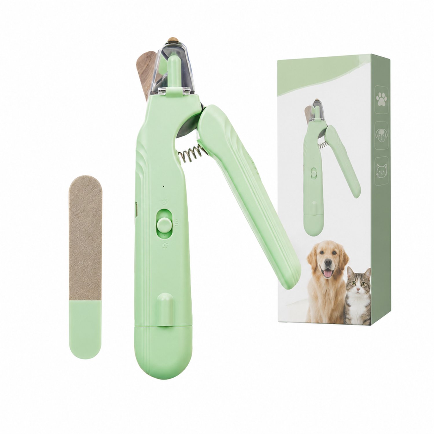 elektrische nagelknipper voor huisdieren - 2-in-1 - roestvrij staal, LED en nagelvijl - groen - Engelstalige verpakking