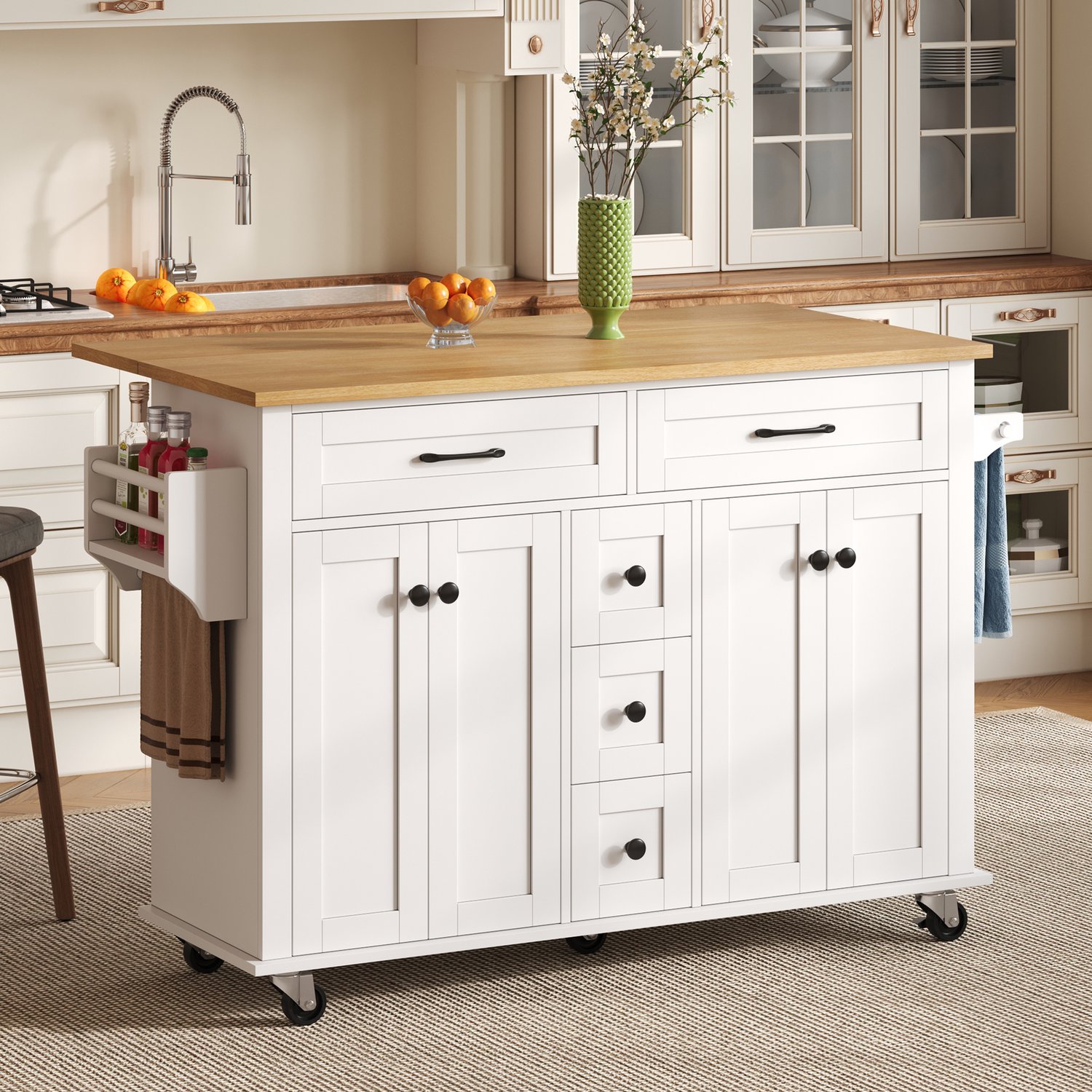 Keukeneiland op wielen - Uitklapbaar werkblad - Vijf lades en twee kasten - Voor keuken en eetkamer - Wit MDF met houtlook