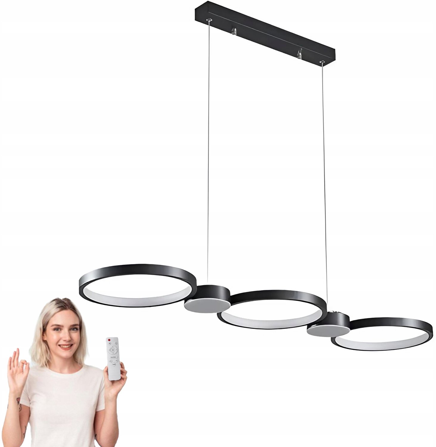 Zwarte LED Plafondlamp 95cm met 3 Ringen en Afstandsbediening