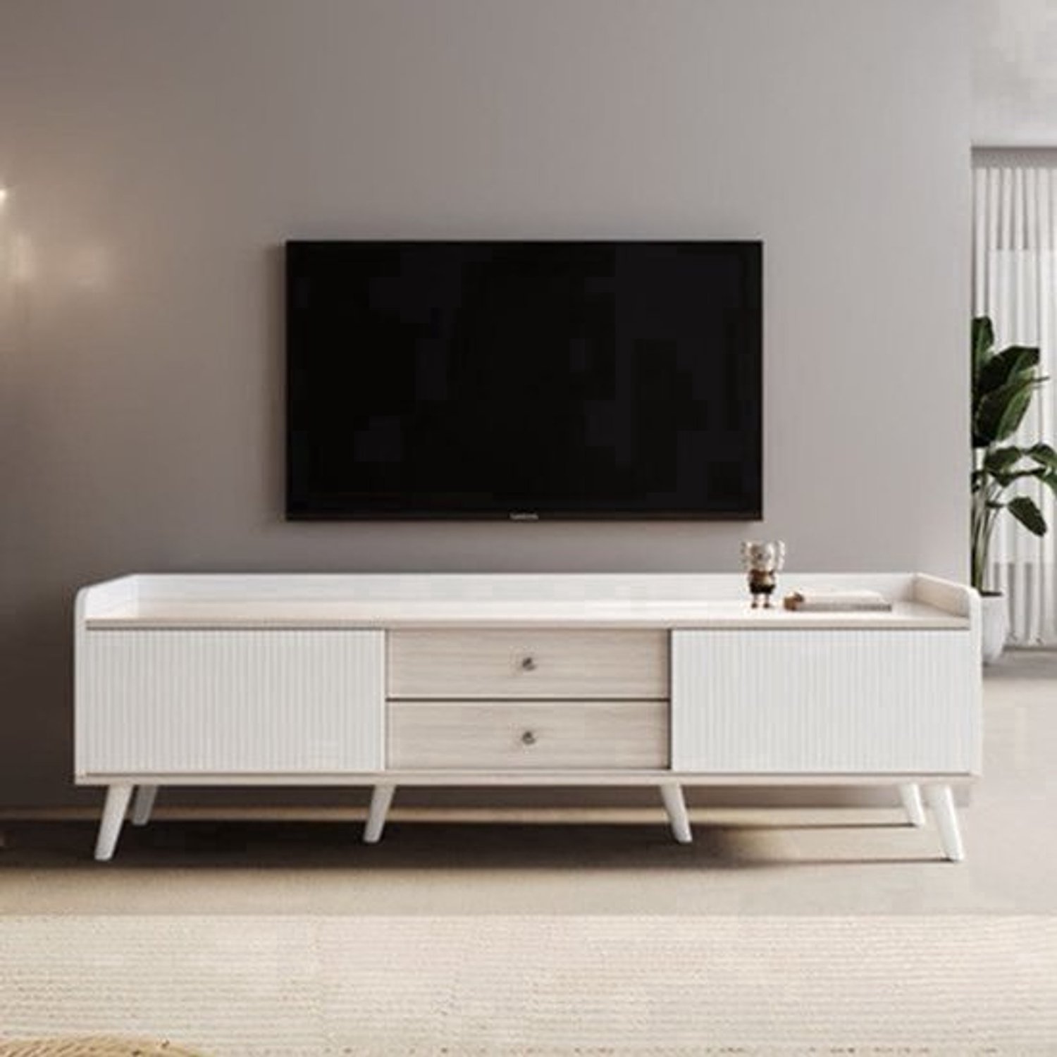 TV Meubel – TV Kast – Tv Lowboard – Media Console – Modern Cabinet – 2 Lades – Spaanplaat Wit-Hout – Compact 102-124 cm