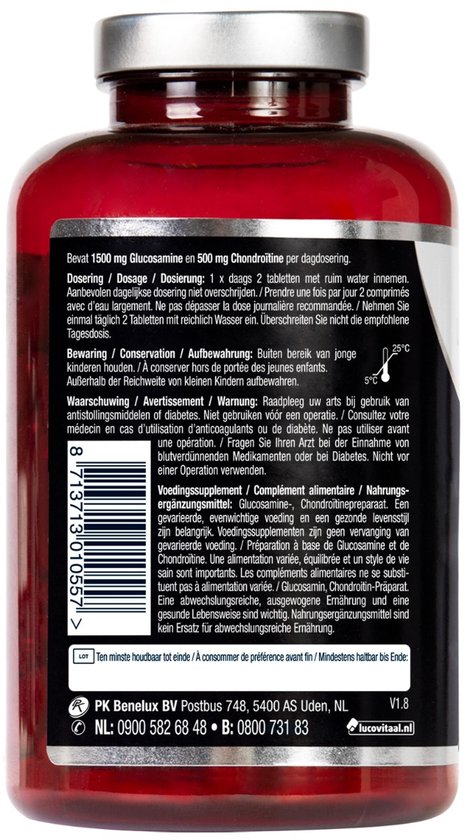 Rode pot met informatie over dosering en ingrediënten van Lucovitaal Glucosamine Chondroïtine.