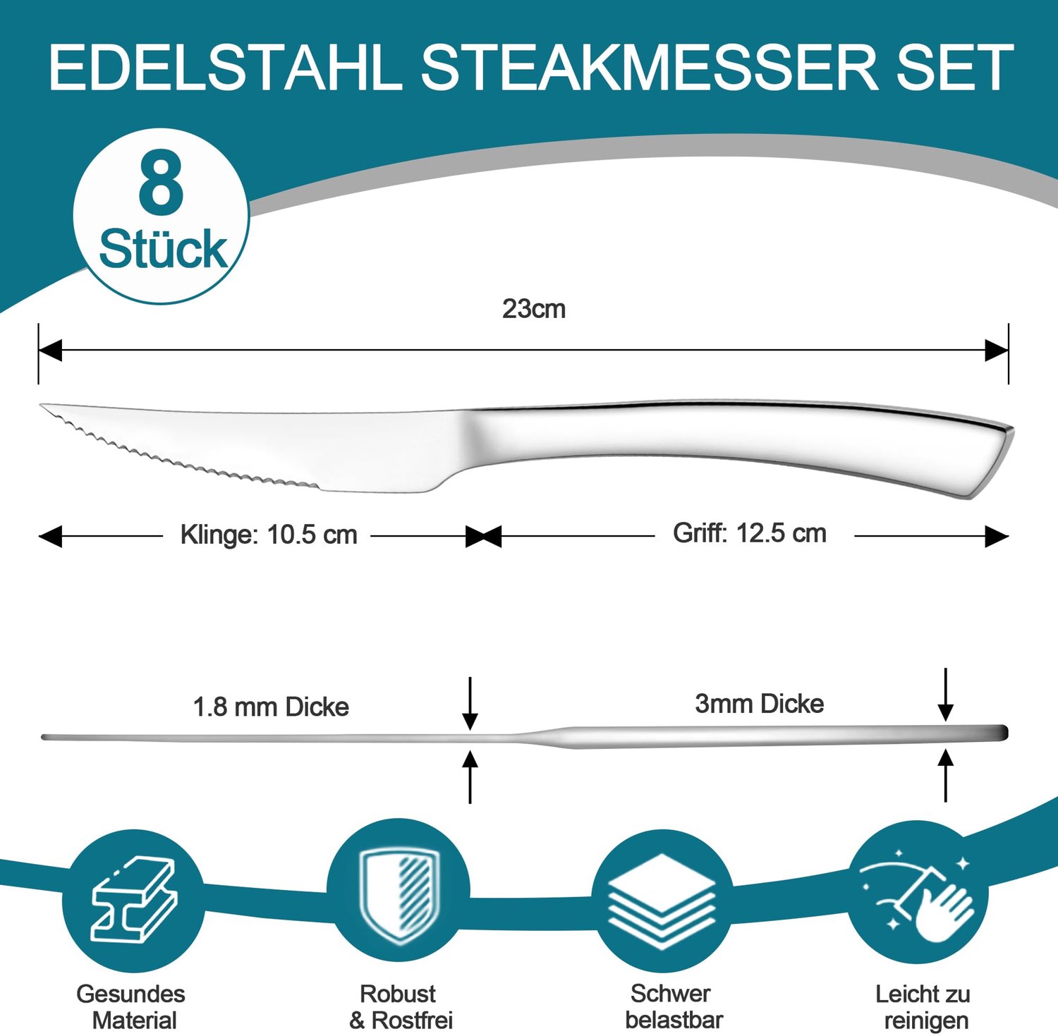 Steakmessenset - 8-delig - Met gekarteld lemmet en ergonomisch handvat - Roestvrij staal - Vaatwasserbestendig - Zilverkleurig