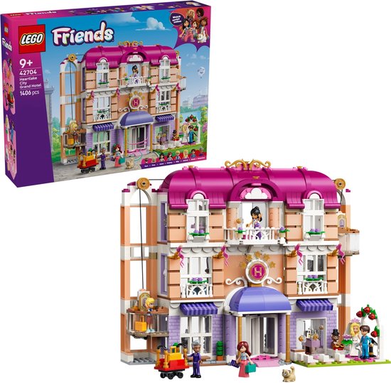 LEGO Friends Grand Hotel met roze dak, balkon, bagagekar en minipoppetjes.