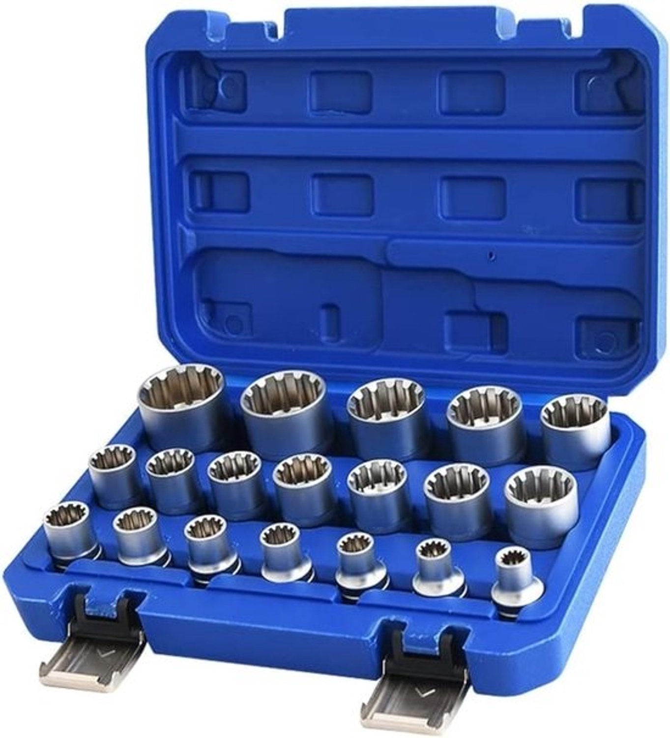 Dopsleutelset - Universele koppeling - Voor het vastzetten van bouten - 12-punts ontwerp - Metrisch - 8–32 mm - Chroom