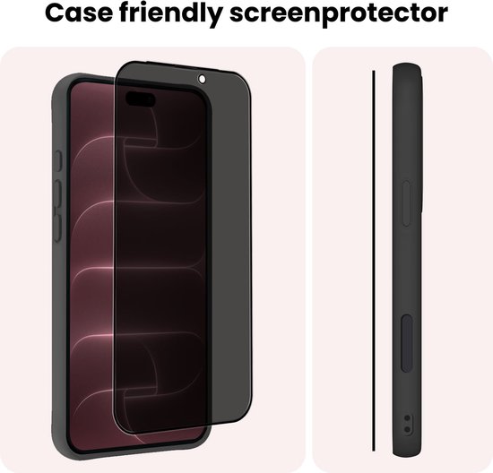 Een telefoon met een privacy screenprotector en een hoesje, getoond in een zijaanzicht.